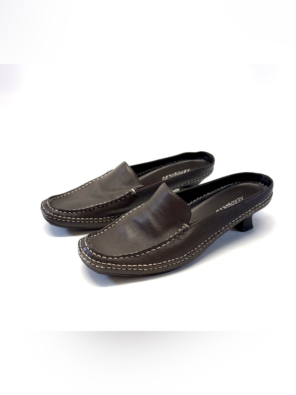 Vintage Aerosoles "Two Stitchy" Dark Brown Leather Loafer Mules - Size 8.5M